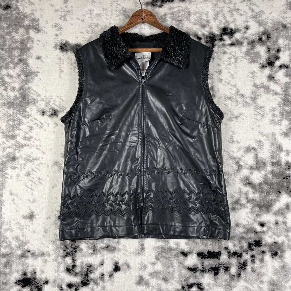 Vintage Joseph‎ Ribkoff Vest Womens Size 12 Black Faux Leather Fleece Collar Zip